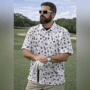 VTG Tabasco size XL 90s y2k Golf Polo Shirt Louisiana Hot Sauce Palm Trees AOP